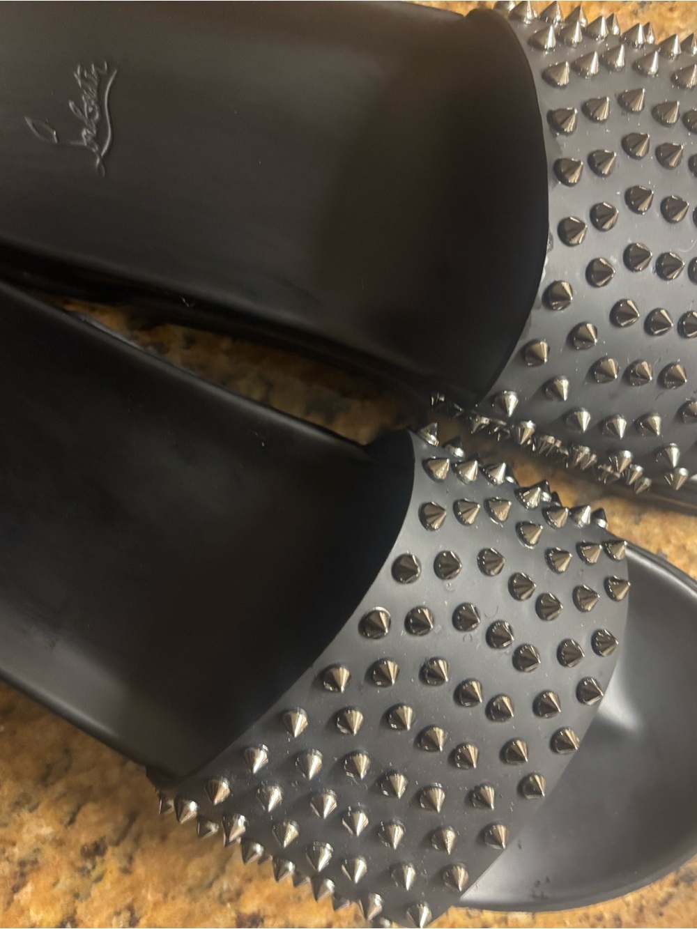 Christian Louboutin Black Leather Slide Sandals with Silver Spikes